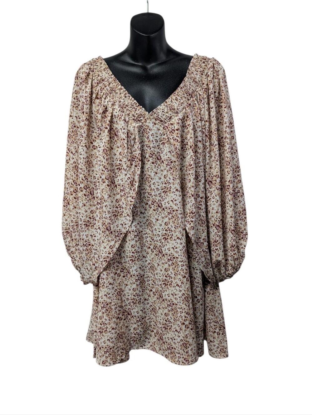 JODIFL Women's Size L Beige Brown Animal Print Smocked V-Neck Mini Dress NWT